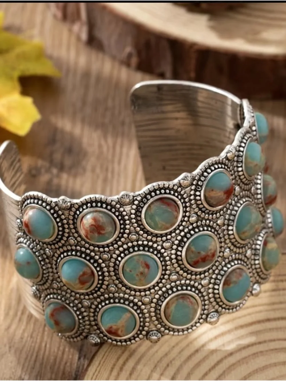 Turquoise Stone Silver-Tone Cuff Bracelet - Women Jewelry - Picture 1 of 5